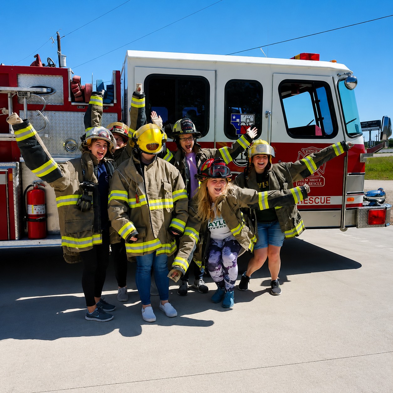 Baylor students try on turnout gear by the engine