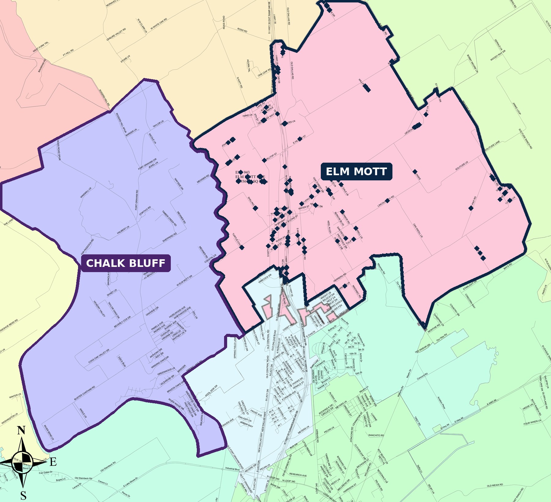Map showing the two Elm Mott Fire Rescue response areas — Elm Mott outlined in navy and Chalk Bluff outlined in purple — straddling Interstate 35 in McLennan County, Texas