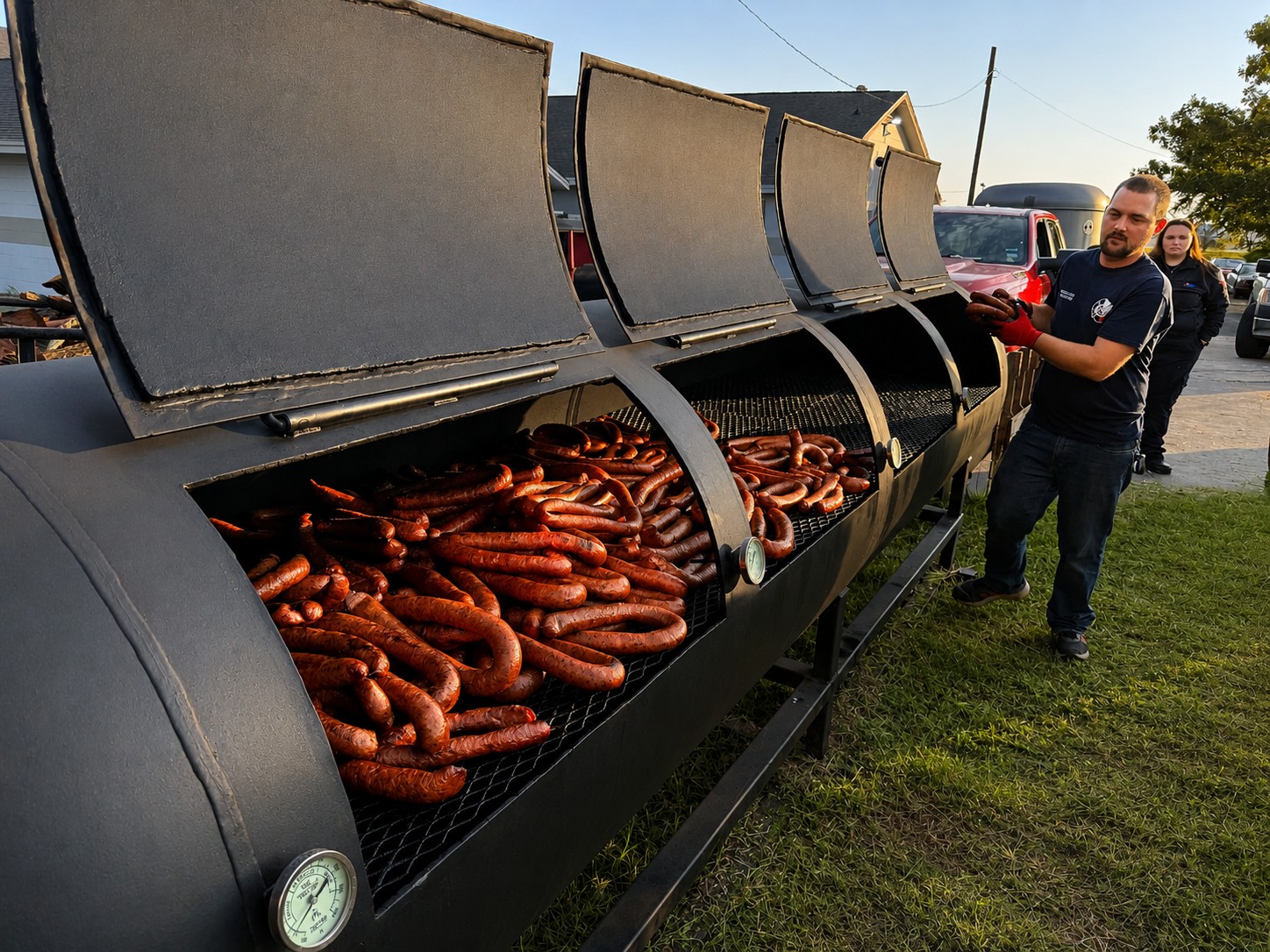 A member tending sausage on the smoker at the annual fundraiser